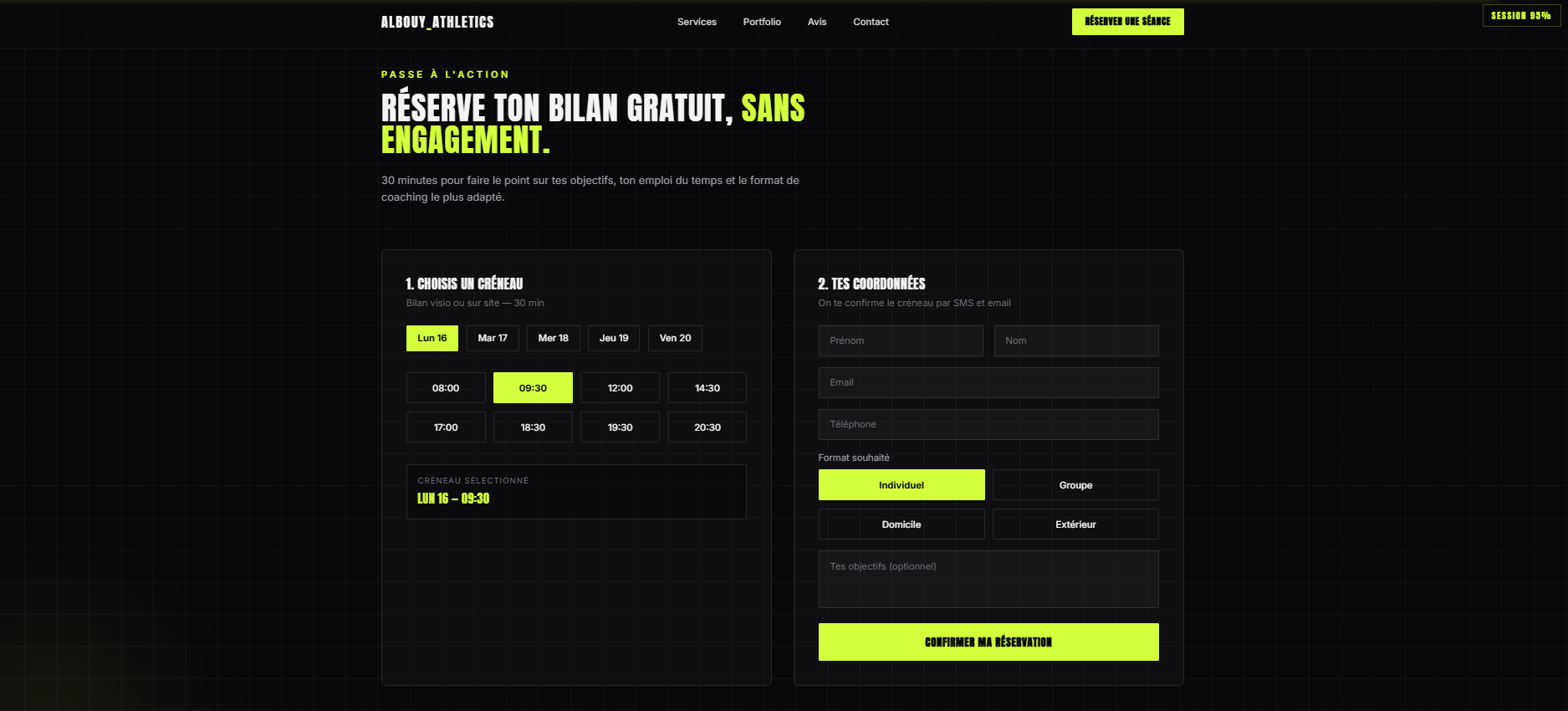 Formulaire de réservation du site Albouy Athletics