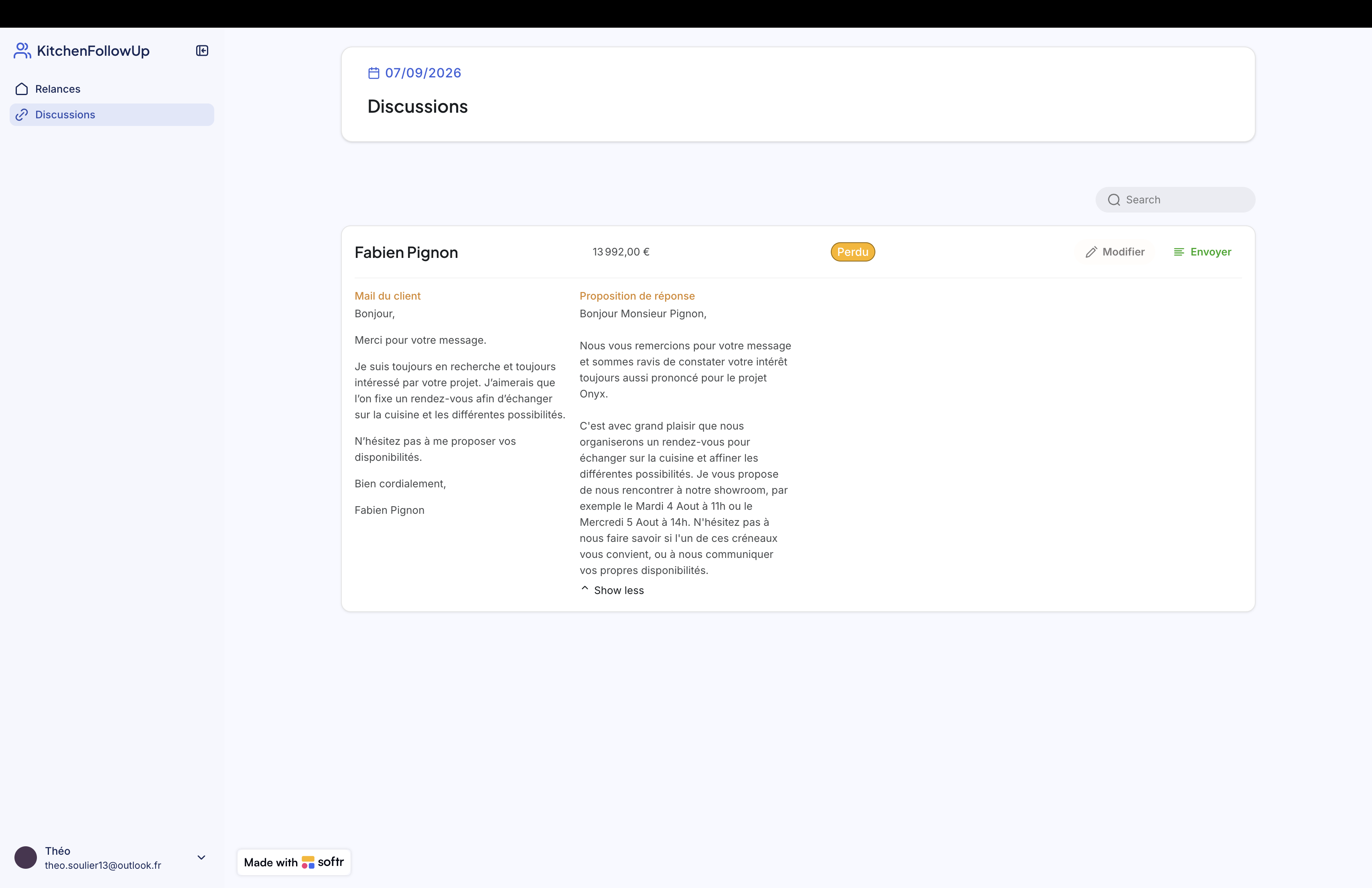 Fil de discussion avec la réponse du client