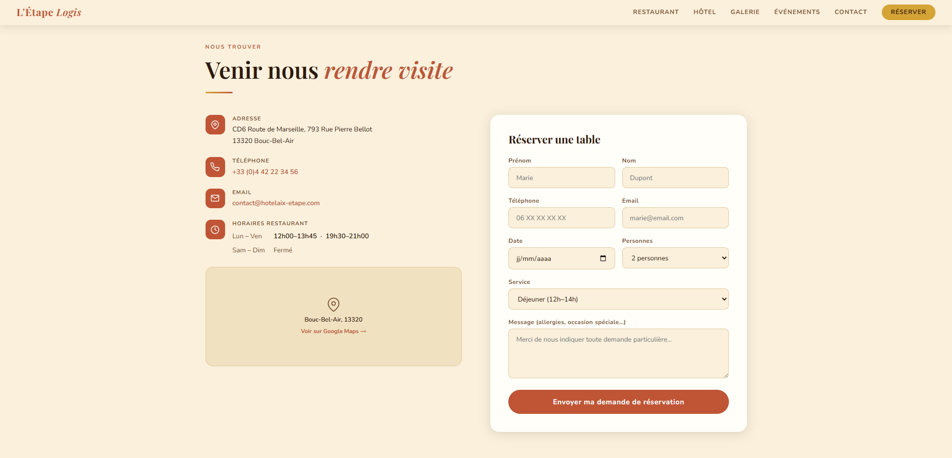 Formulaire de réservation du site L'Étape